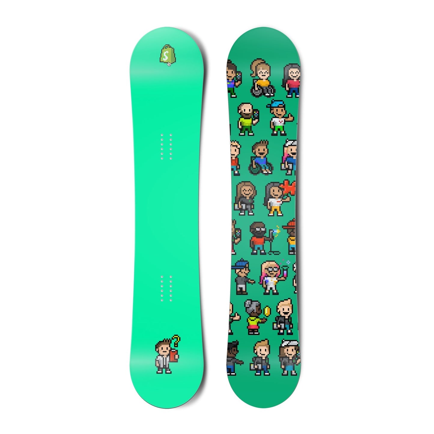 Top and bottom view of a snowboard. The top view shows a pixelated Shopify bag logo and a pixelated
          character reviewing a clipboard with a questioning expression with a bright green-blue background. The bottom
          view is a pattern of many pixel characters with a bright green-blue background.