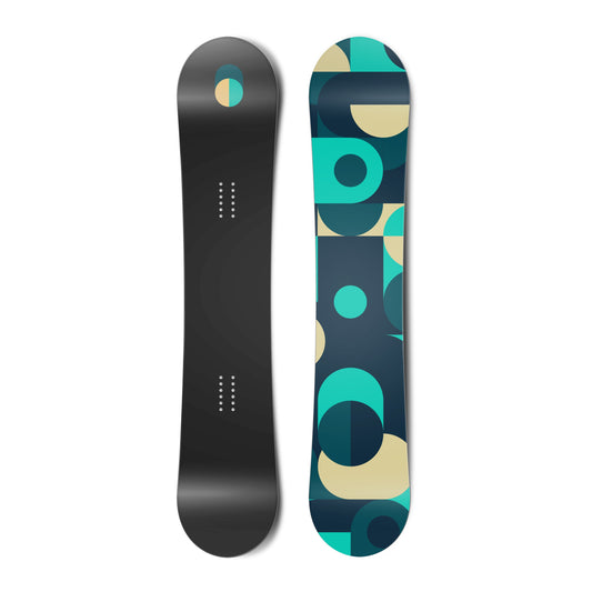 Top and bottom view of a snowboard. The top view shows a toggle at the top in shades of blue and
        yellow. The bottom view shows an abstract illustration of toggles in blues and yellows.
